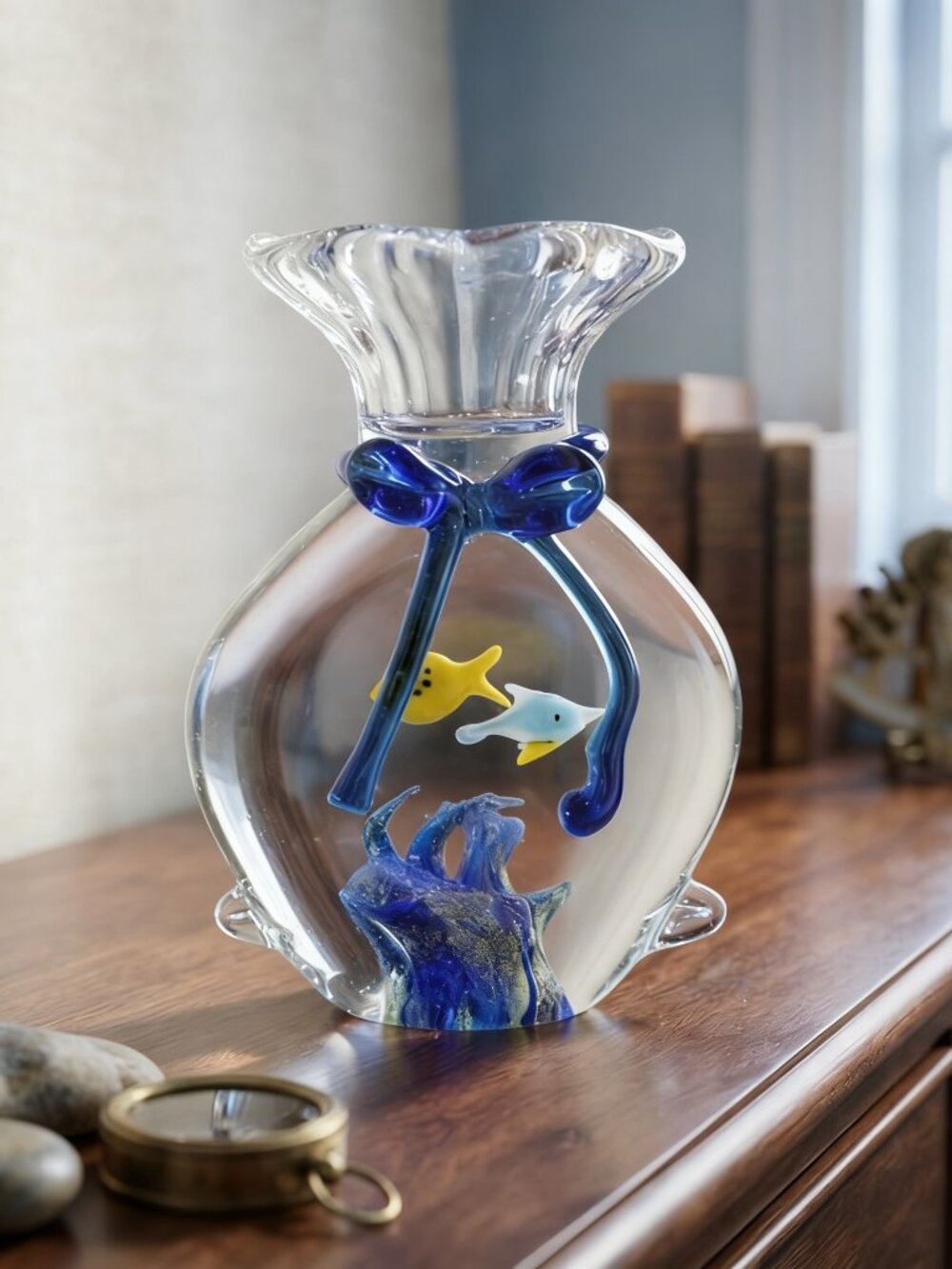Vintage Murano Glass Fish in a Bag Aquarium 2 Fish Coral Bubbles Handblown Heavy